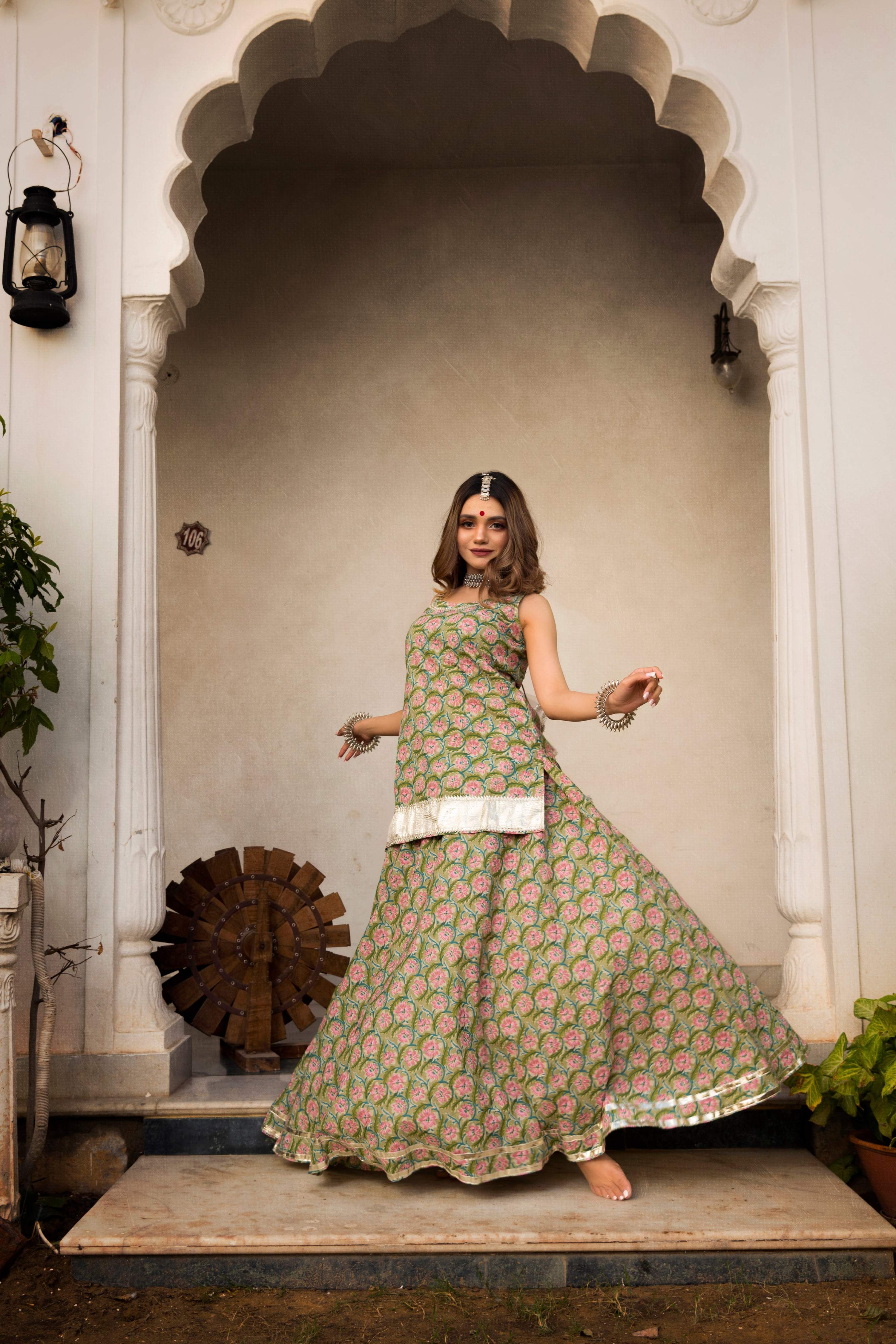 Pomcha Jaipur Hand Block Print Cotton Kurta Skirt Set - Distacart