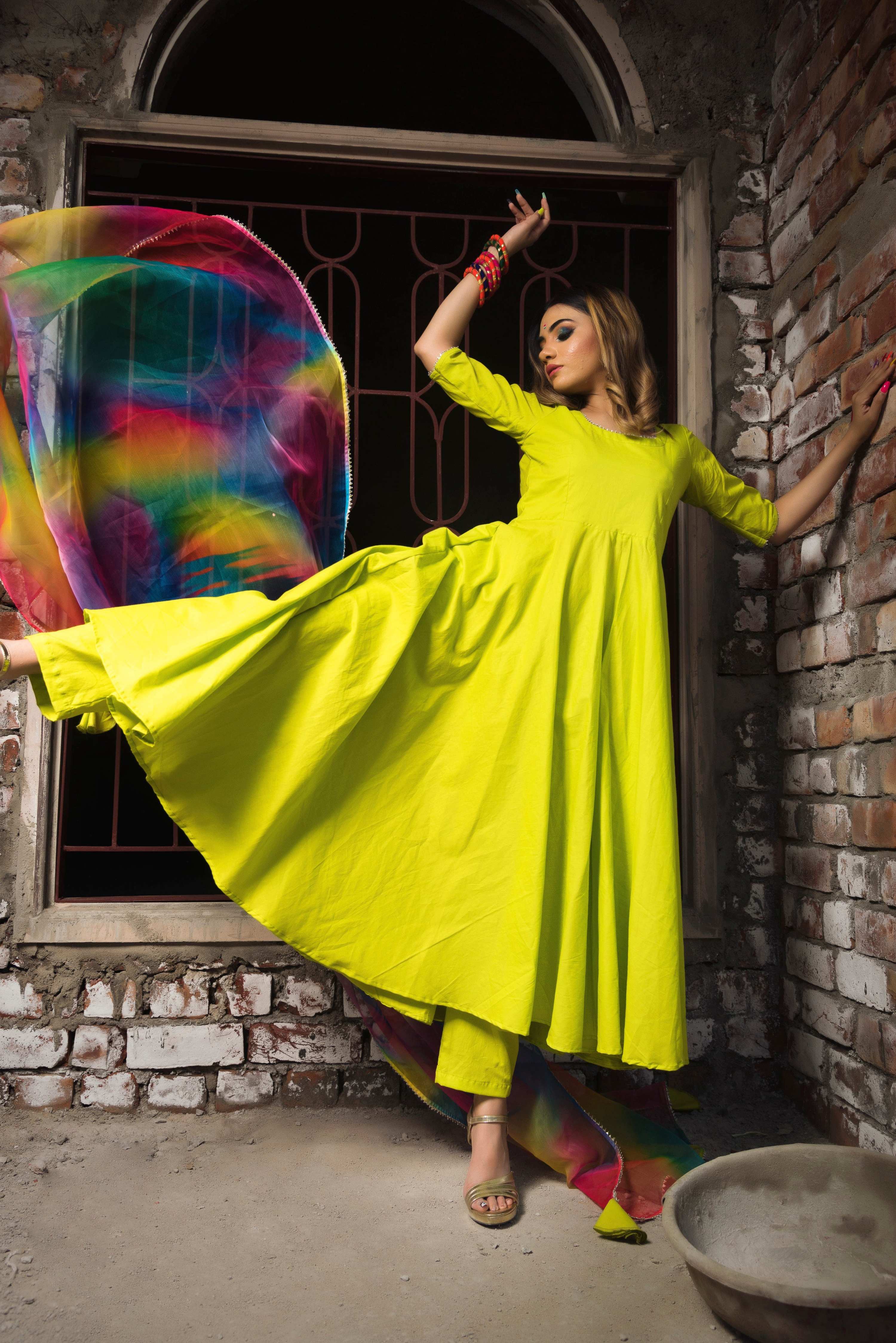 Pomcha Jaipur Gulaal Green Pure Cotton Anarkali Set - Distacart