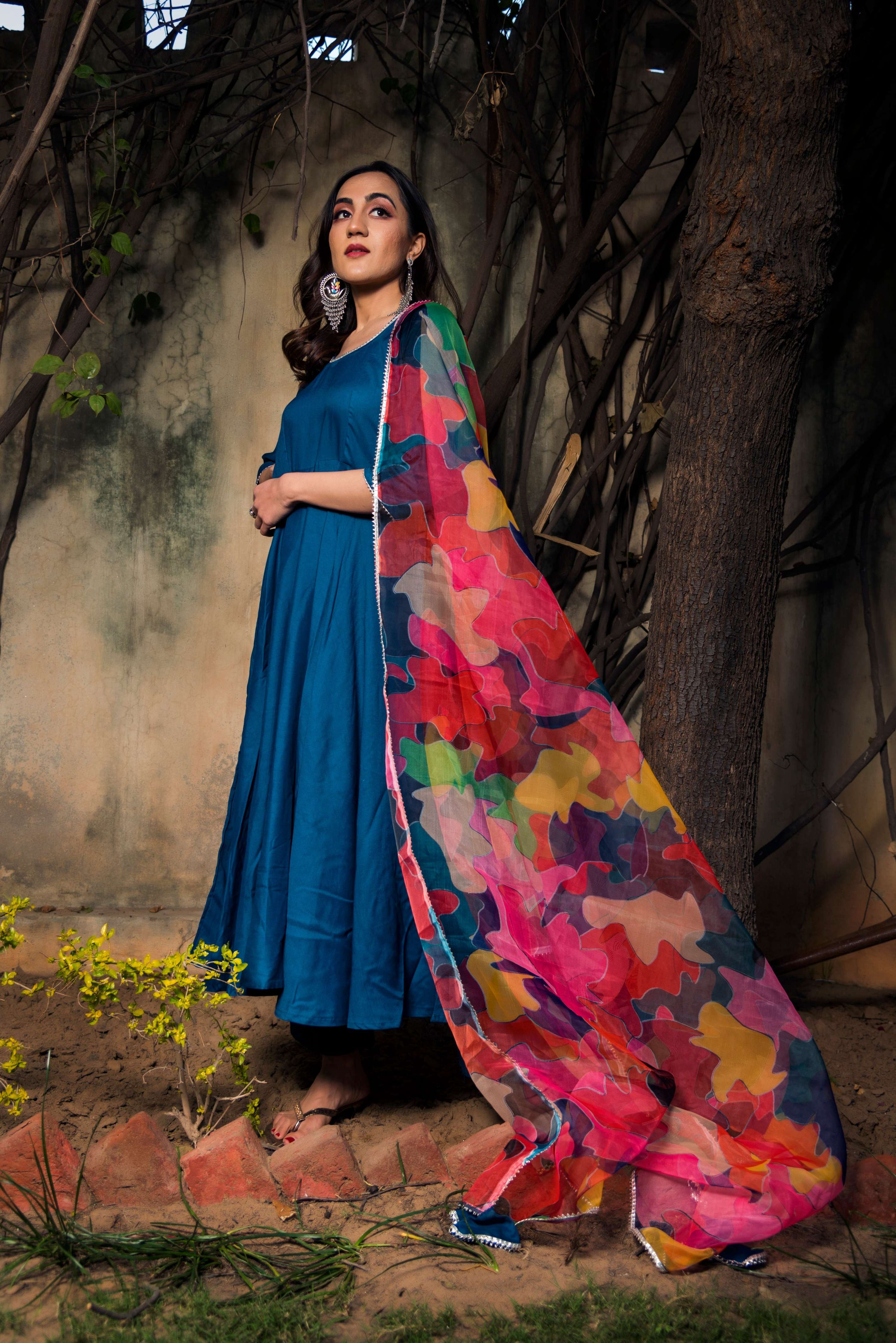 Pomcha Jaipur Lily Blue Rayon Anarkali - Distacart