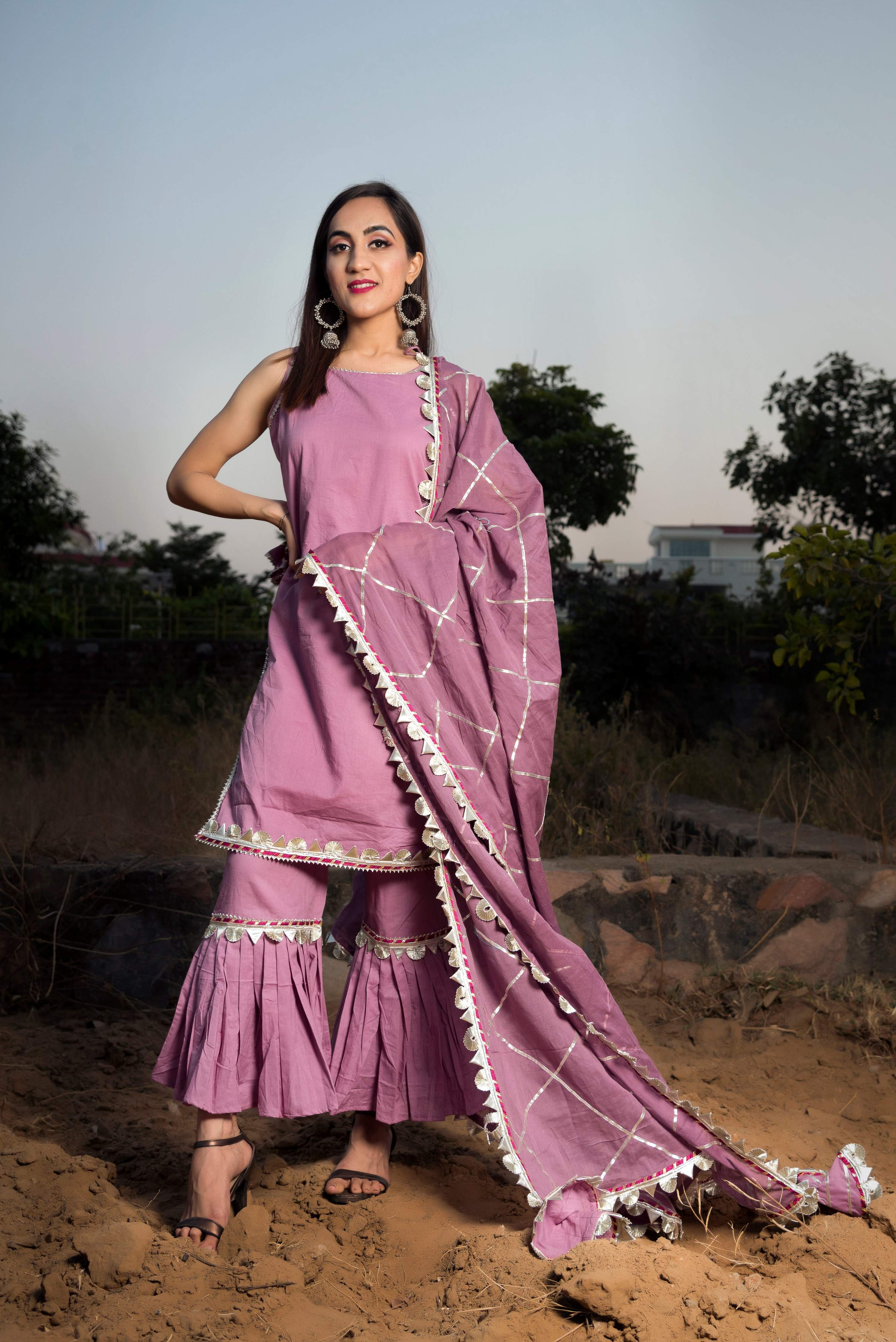 Pomcha Jaipur Gotta Jaal Purple Cotton Sharara Set - Distacart