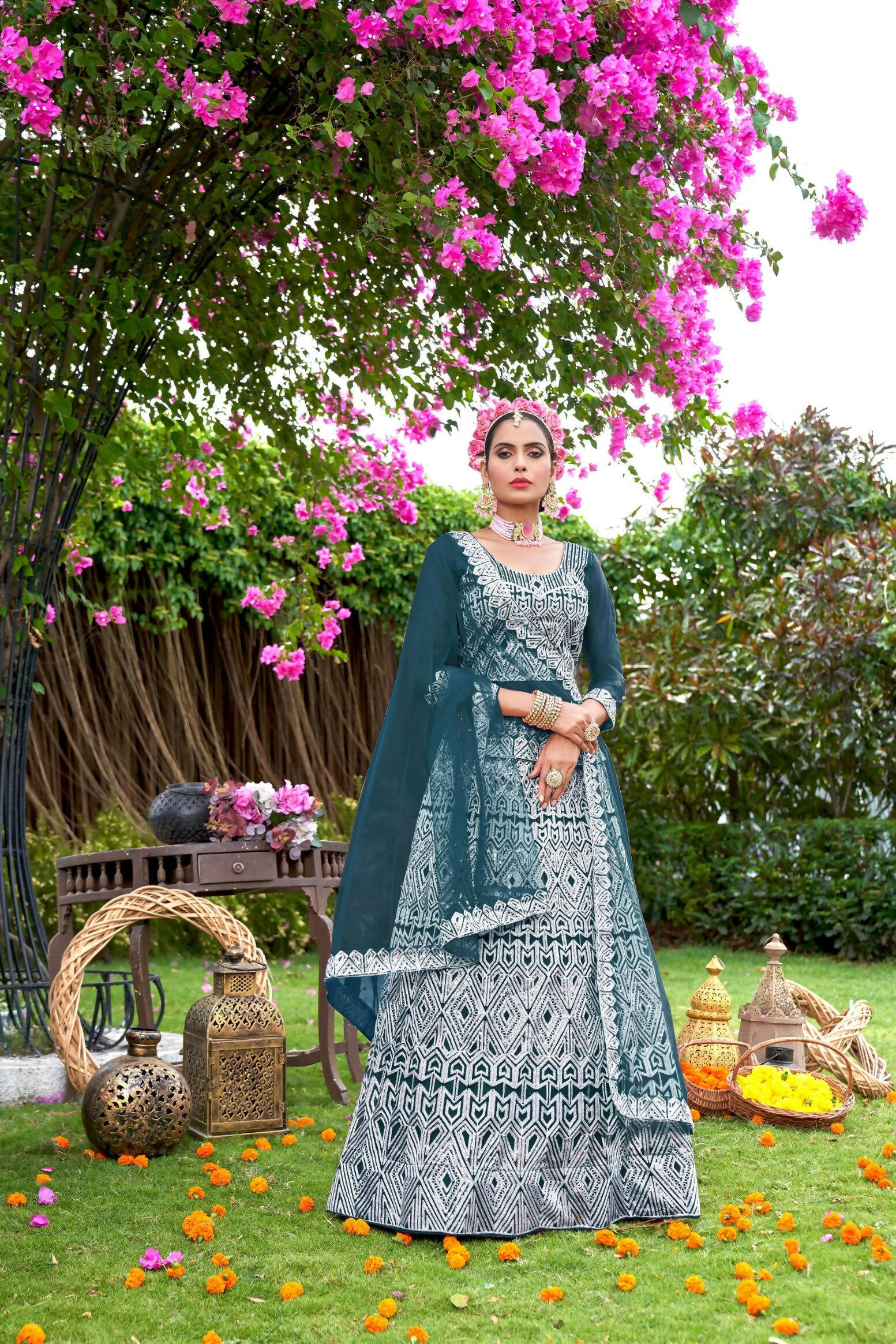 Teal Net Embroidered Semi Stitched Lehenga Choli with Dupatta - Bhagya - Distacart