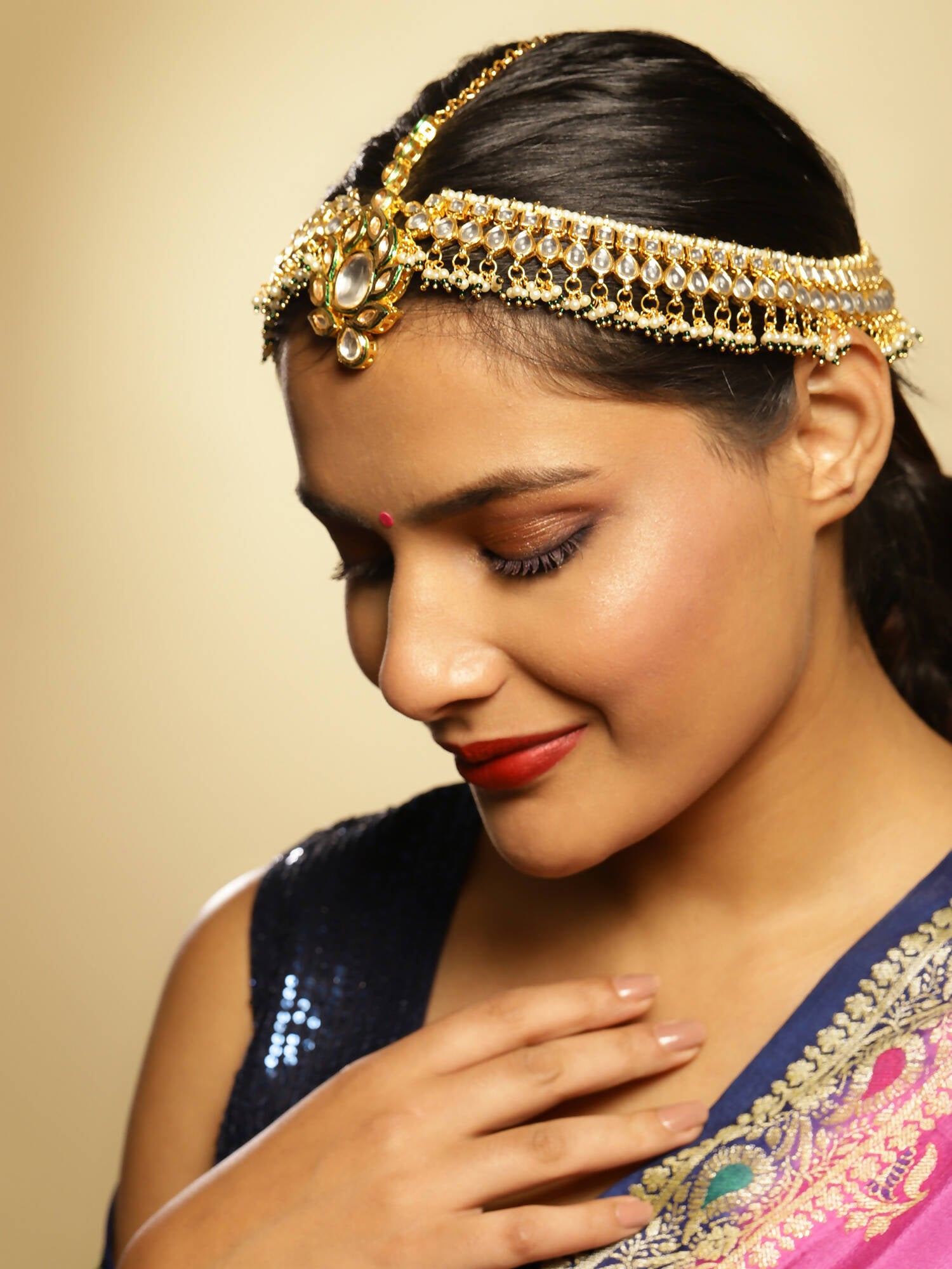 Gold-Plated Green White Kundan-Studded Beaded Matha Patti - Ruby Raang - Distacart