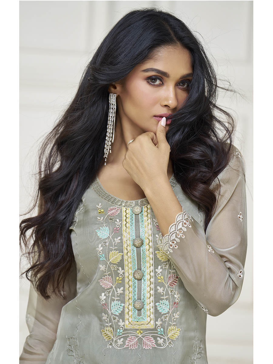 Myra Pastel Grey Organza Silk Embroidered Pant Style Suit - Distacart