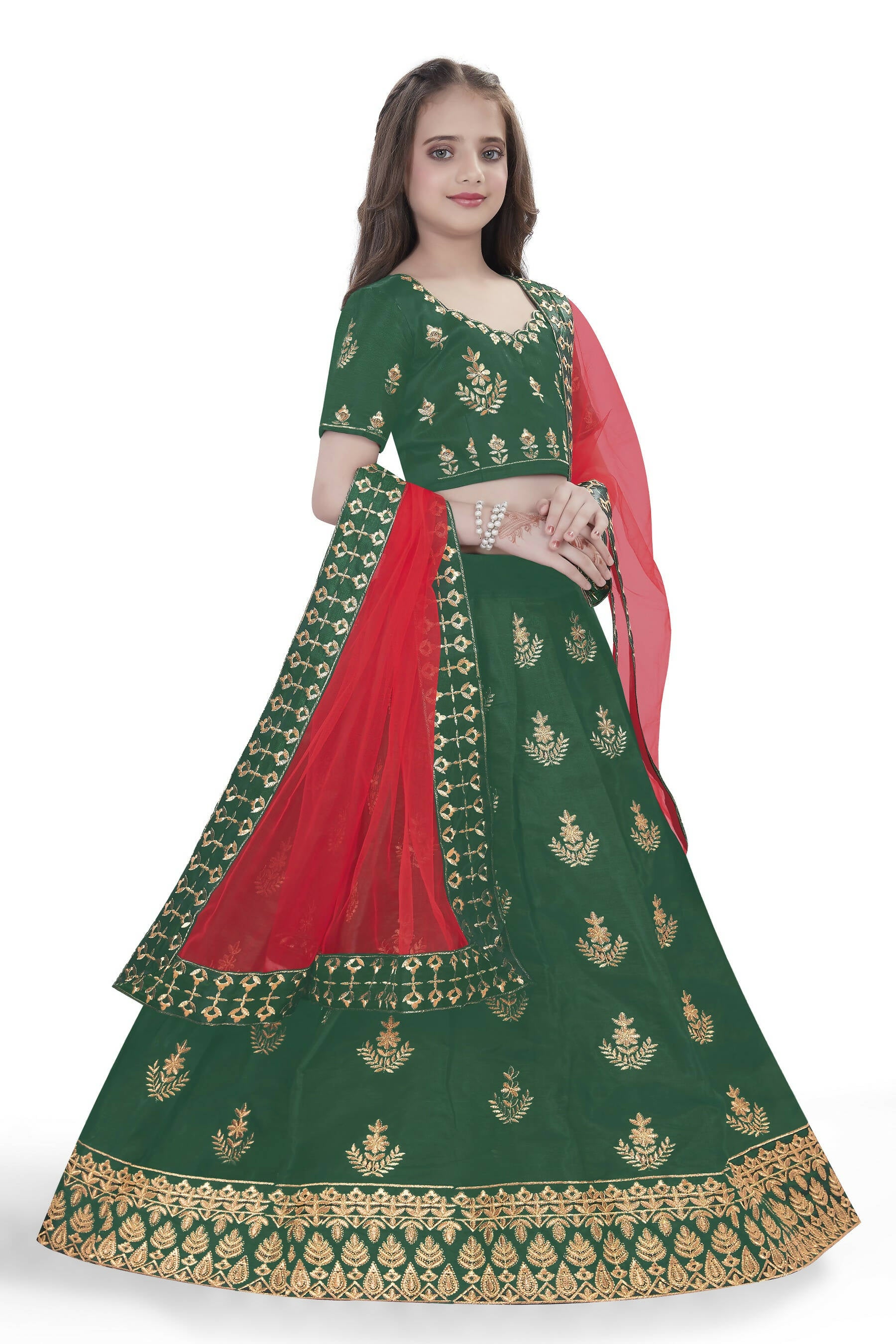 Dwiden Green Kamal Tafetta Sattin Semi-Stitched Girl's Lehenga Choli - Distacart