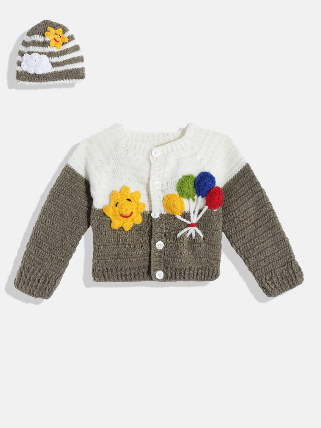 Chutput Kids Woollen Hand Knitted Full Sleeves Balloon Detail Colorblocked Sweater With Striped Cap - Brown - Distacart