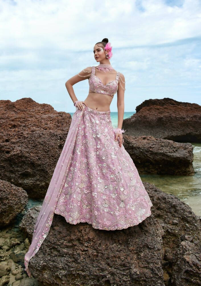 House of Panchhi Mauve Organza Sequins, Zarkan And Thread Embroidery Lehenga Choli & Dupatta - Distacart