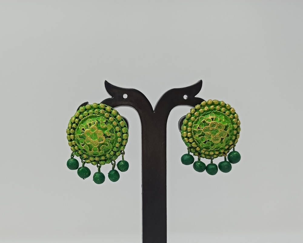Terracotta Boho Style Studs With Dangles-Green