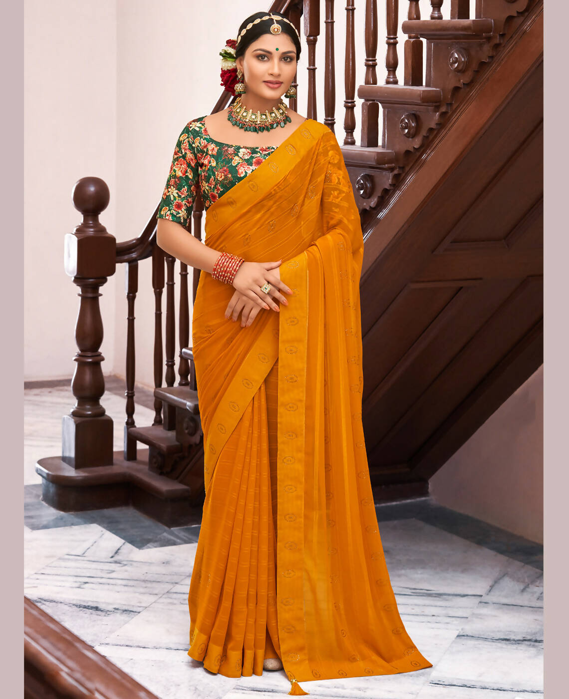 Mustard Georgette Swaroski Work Saree With Unstitched Blouse Piece - Juhi - Distacart