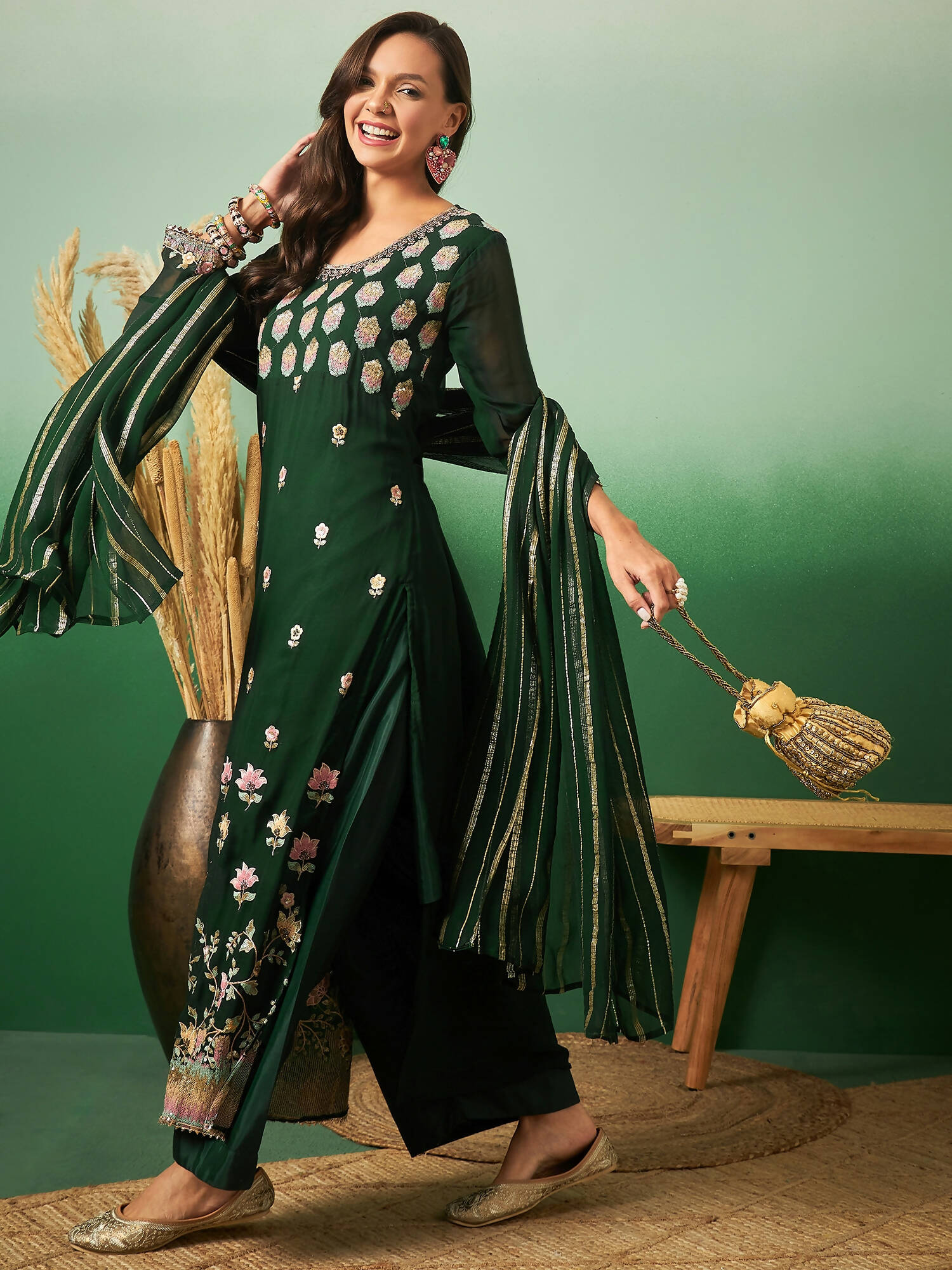 Green Georgette Handwork Unstitched Dress Material - Hanika - Distacart