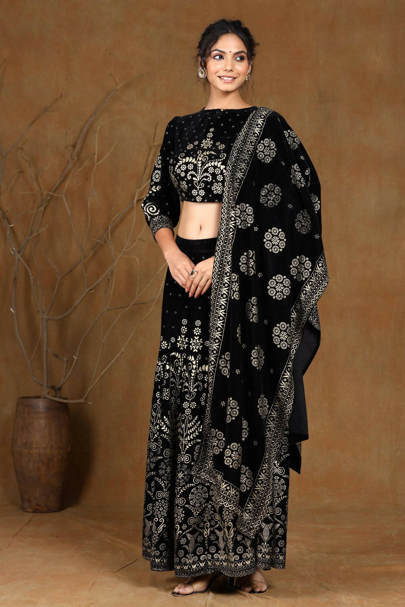 Juniper Women Black Velvet Printed Flared Lehenga Choli Sets - Distacart