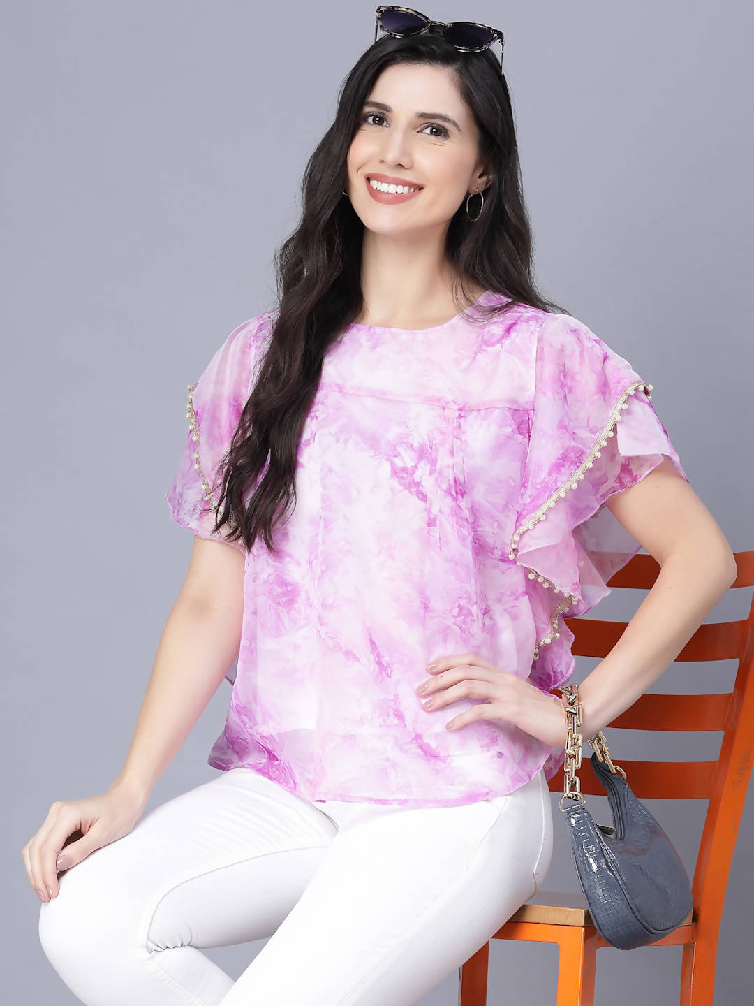 Myshka Organza Printed Short Sleeve Round Pink Women Top - Distacart