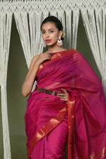 Thumbnail for Very Much Indian Handloom Cotton Silk Maheshwari Saree With Sleek Golden Border - Red - Distacart