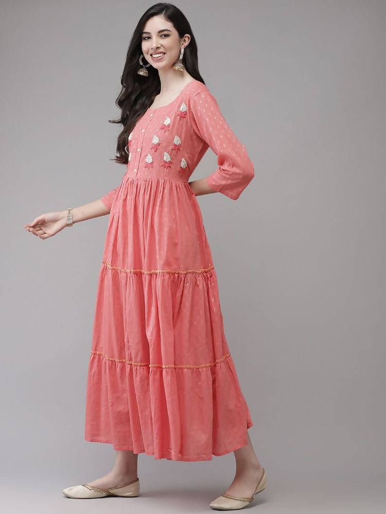 Yufta Coral Pink Embellished Embroidered Ethnic Dress