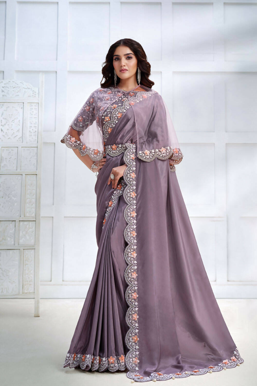 Lavender Crepe satin silk Cord & Sequence Embroidered with Stone work Saree - Mohmanthan Majestica - Distacart