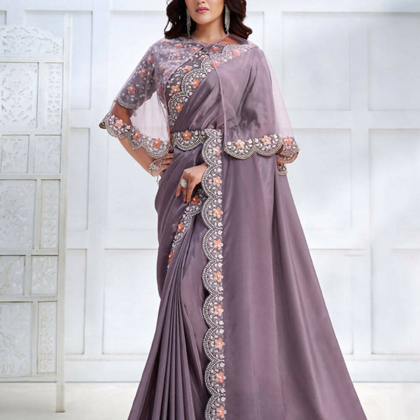 Lavender Crepe satin silk Cord & Sequence Embroidered with Stone work Saree - Mohmanthan Majestica - Distacart