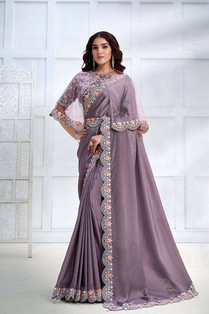 Lavender Crepe satin silk Cord & Sequence Embroidered with Stone work Saree - Mohmanthan Majestica - Distacart