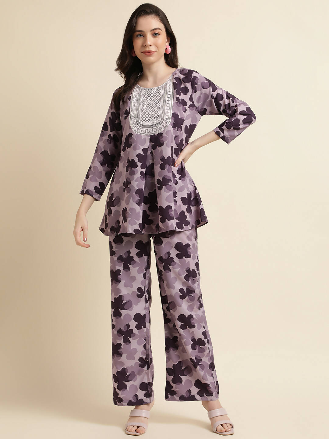 Purple Poly Crepe Digital Printed Top with Matching Bottom - Preeti - Distacart
