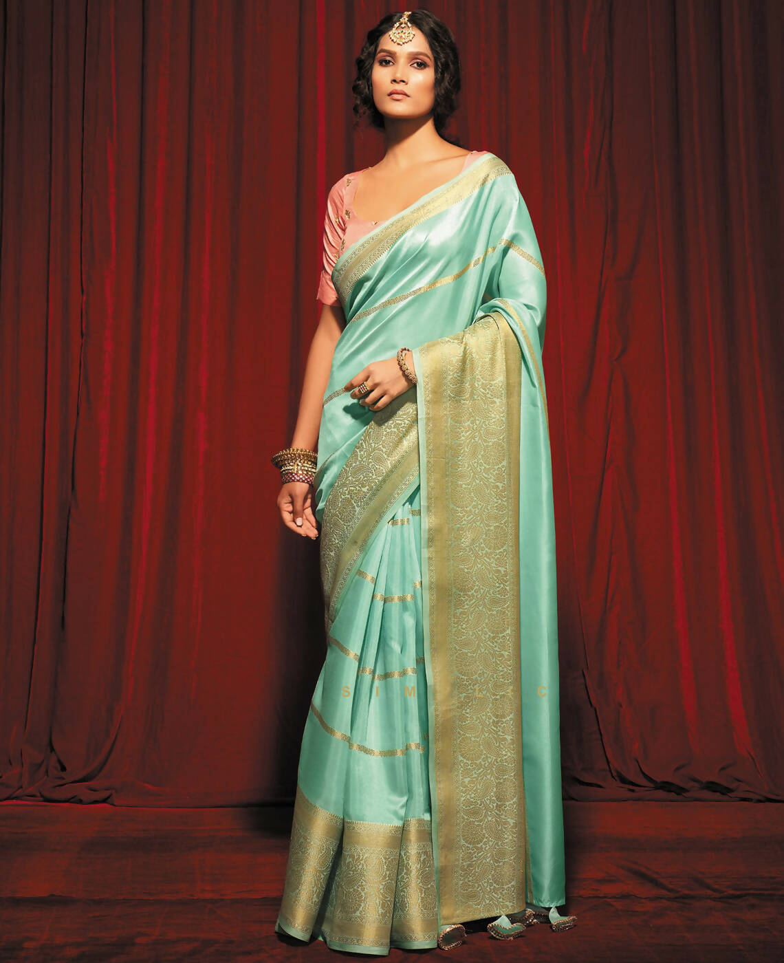 Sea Green Silk Striped Pattern Saree With Unstitched Blouse Piece - Zyanya - Distacart