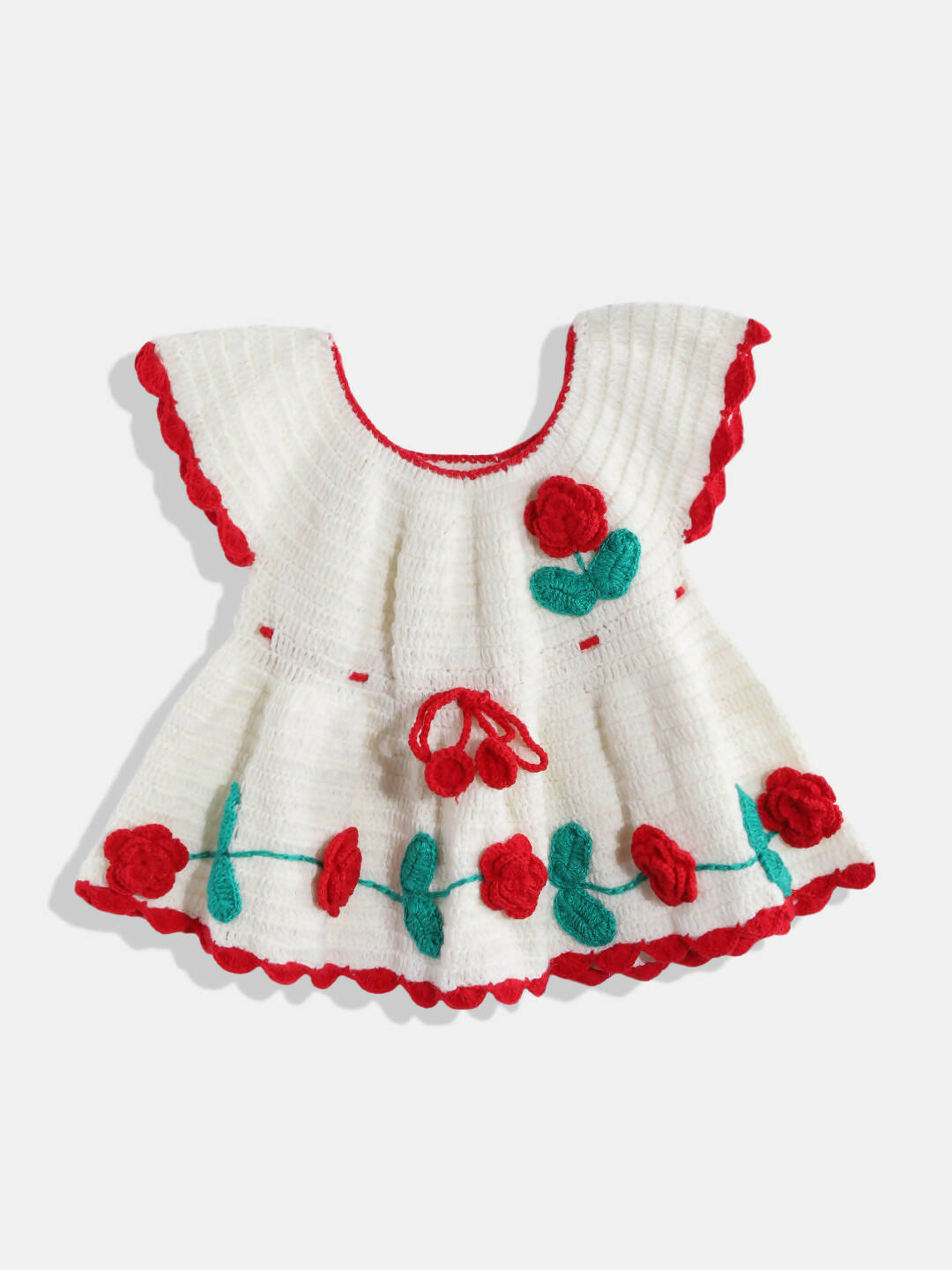 Chutput Kids Woollen Hand Knitted Full Sleeves Rosette Work Dress - White - Distacart