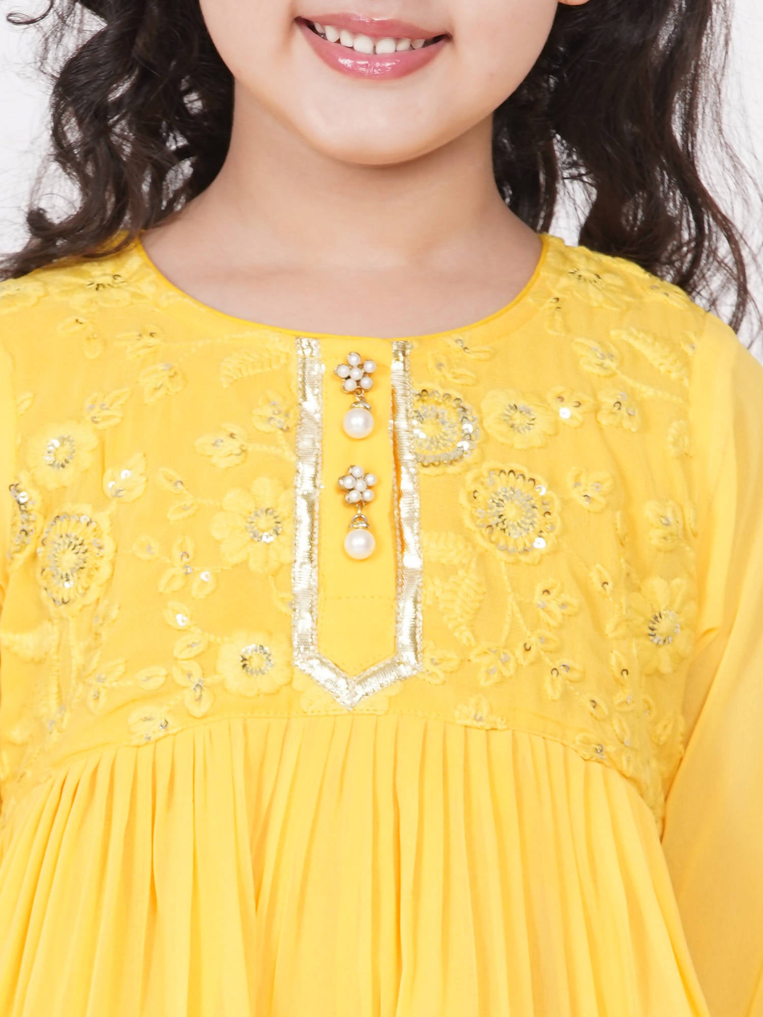Little Bansi Cotton Gotta Patti Kurta frock with Sharara & Dupatta - Yellow - Distacart