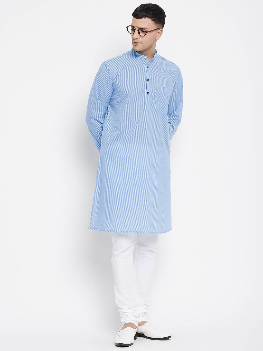Even Apparels Blue Pure Cotton Men's Kurta With Band Collar - Distacart