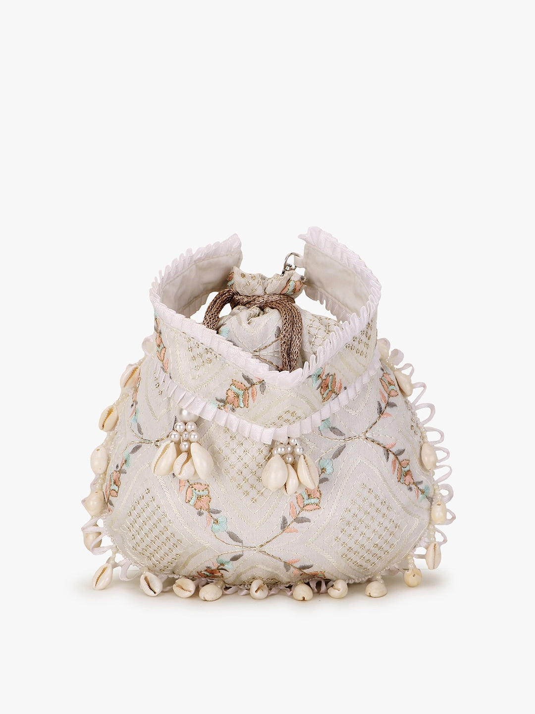Anekaant Off White & Gold-Toned Embroidered Tasselled Potli Clutch - Distacart