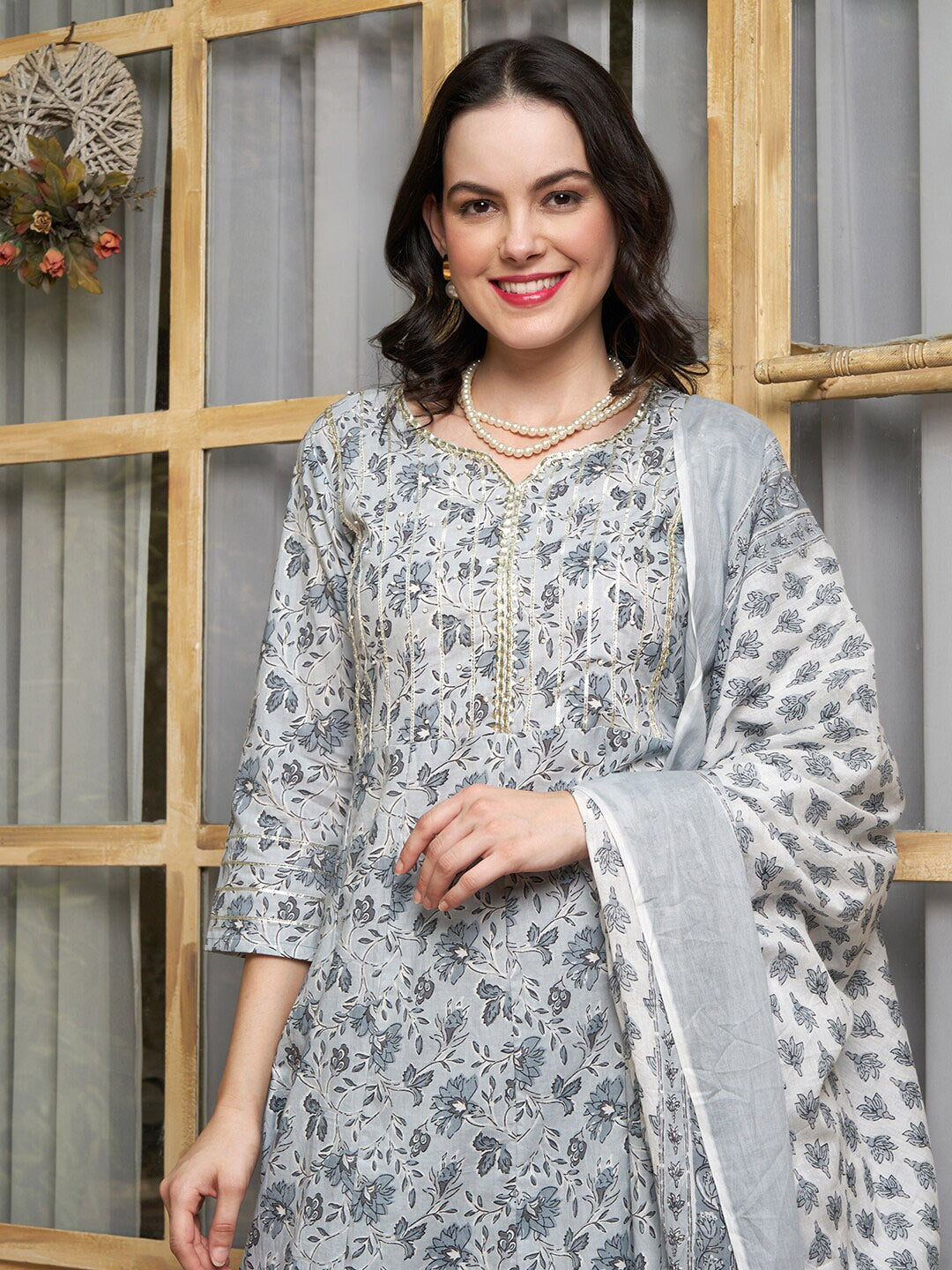 Sangria Floral-Printed Pure-Cotton Anarkali Kurta With Trouser & Dupatta - Distacart