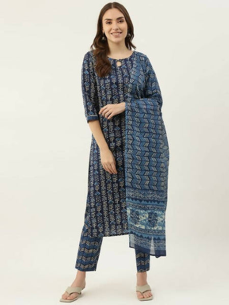 FIORRA Women's Blue Cotton Straight Kurta Pant With Dupatta - Distacart