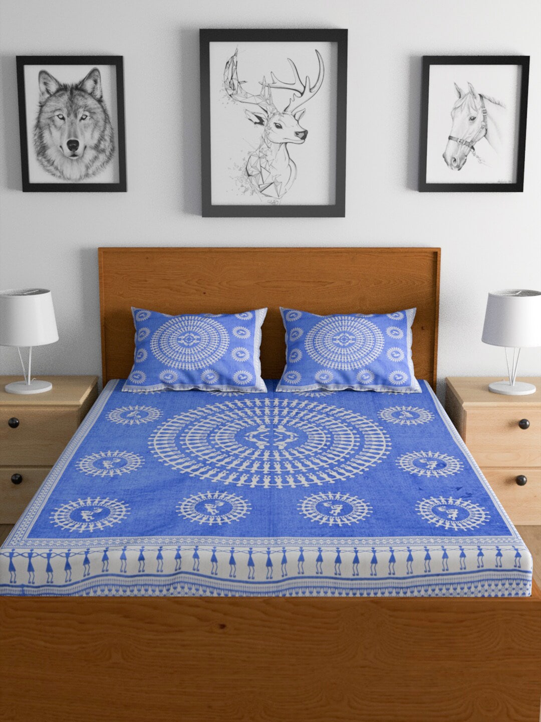 Urban Magic Blue Ethnic Motifs Printed Cotton 104 TC Queen Bedsheet With 2 Pillow Covers - Distacart