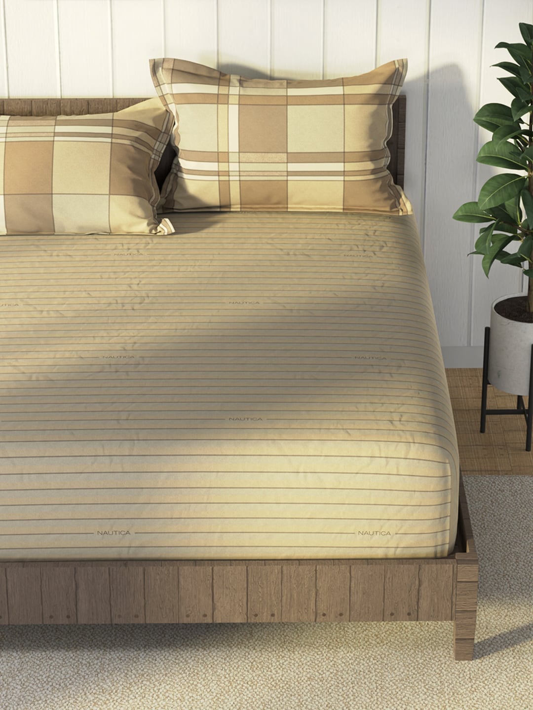Nautica Brown & Brown Striped Cotton 160 TC King Bedsheet With 2 Pillow Covers - Distacart