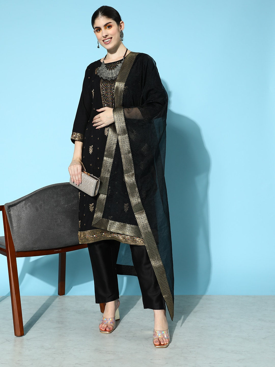 Sangria Floral Yoke Design Jacquard Kurta with Trousers & With Dupatta - Distacart