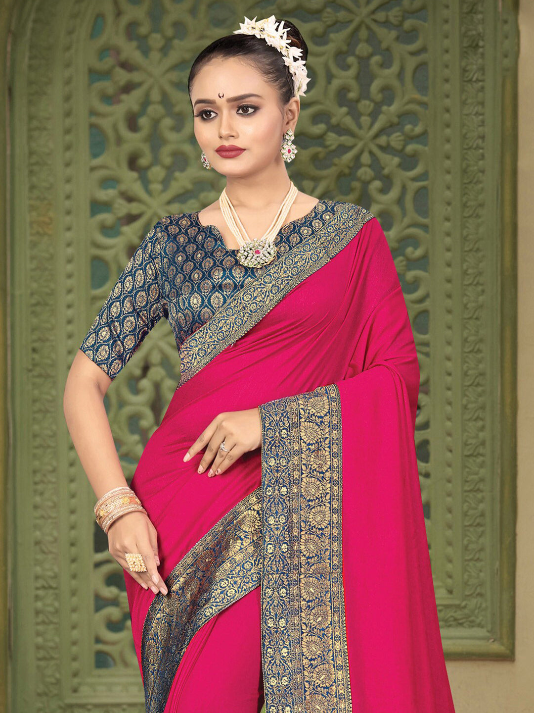 Kalini Pink & Teal Woven Design Zari Kanjeevaram Saree - Distacart