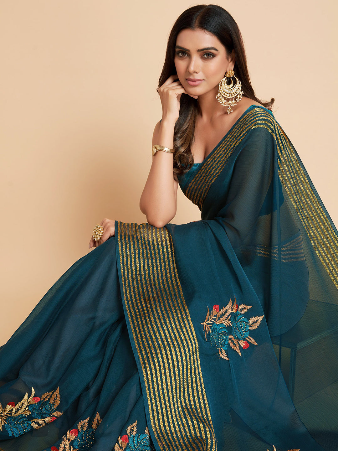 Sangria Green & Gold-Toned Embellished Pure Chiffon Saree - Distacart