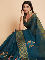 Thumbnail for Sangria Green & Gold-Toned Embellished Pure Chiffon Saree - Distacart