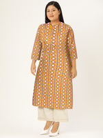 Thumbnail for HERE&NOW Women Mustard Yellow & Cream Pure Cotton Geometric Printed Kurta - Distacart