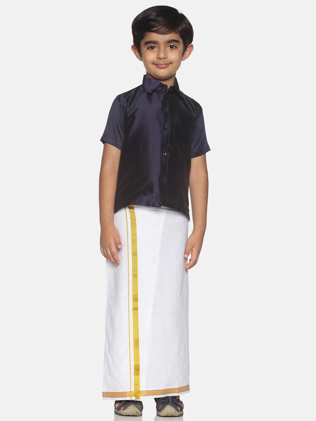 Sethukrishna Boys Navy Blue & White Solid Shirt and Veshti Set - Distacart