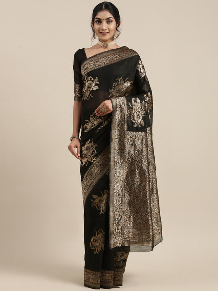 Saree Mall Black Floral Linen Blend Banarasi Saree - Distacart