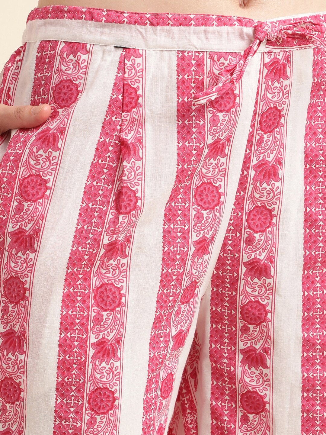 Sangria Pink & White Floral Printed Pure Cotton Straight Kurta With Trouser & Dupatta - Distacart