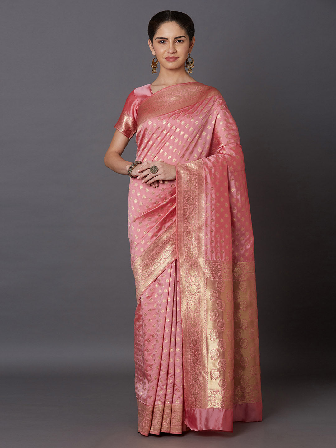 Mitera Pink & Gold-Toned Silk Blend Woven Design Kanjeevaram Saree - Distacart