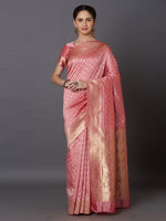 Thumbnail for Mitera Pink & Gold-Toned Silk Blend Woven Design Kanjeevaram Saree - Distacart