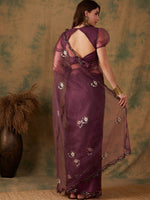 Thumbnail for Sangria Purple Floral Embroidered Beads and Stones Embellished Net Saree - Distacart