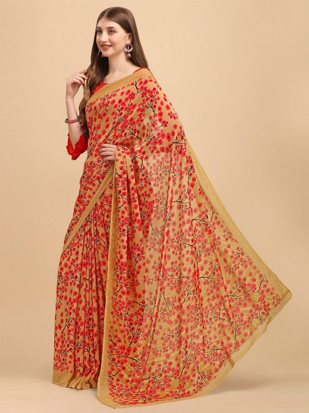 Sangria Beige & Peach-Coloured Floral Printed Georgette Saree - Distacart