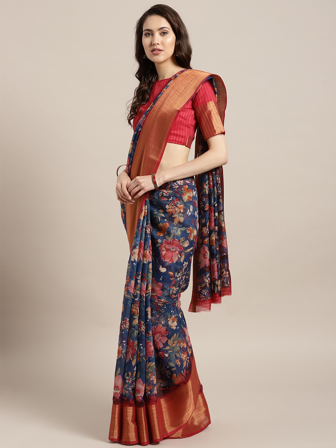 Saree Mall Navy Blue & Red Linen Blend Printed Saree - Distacart