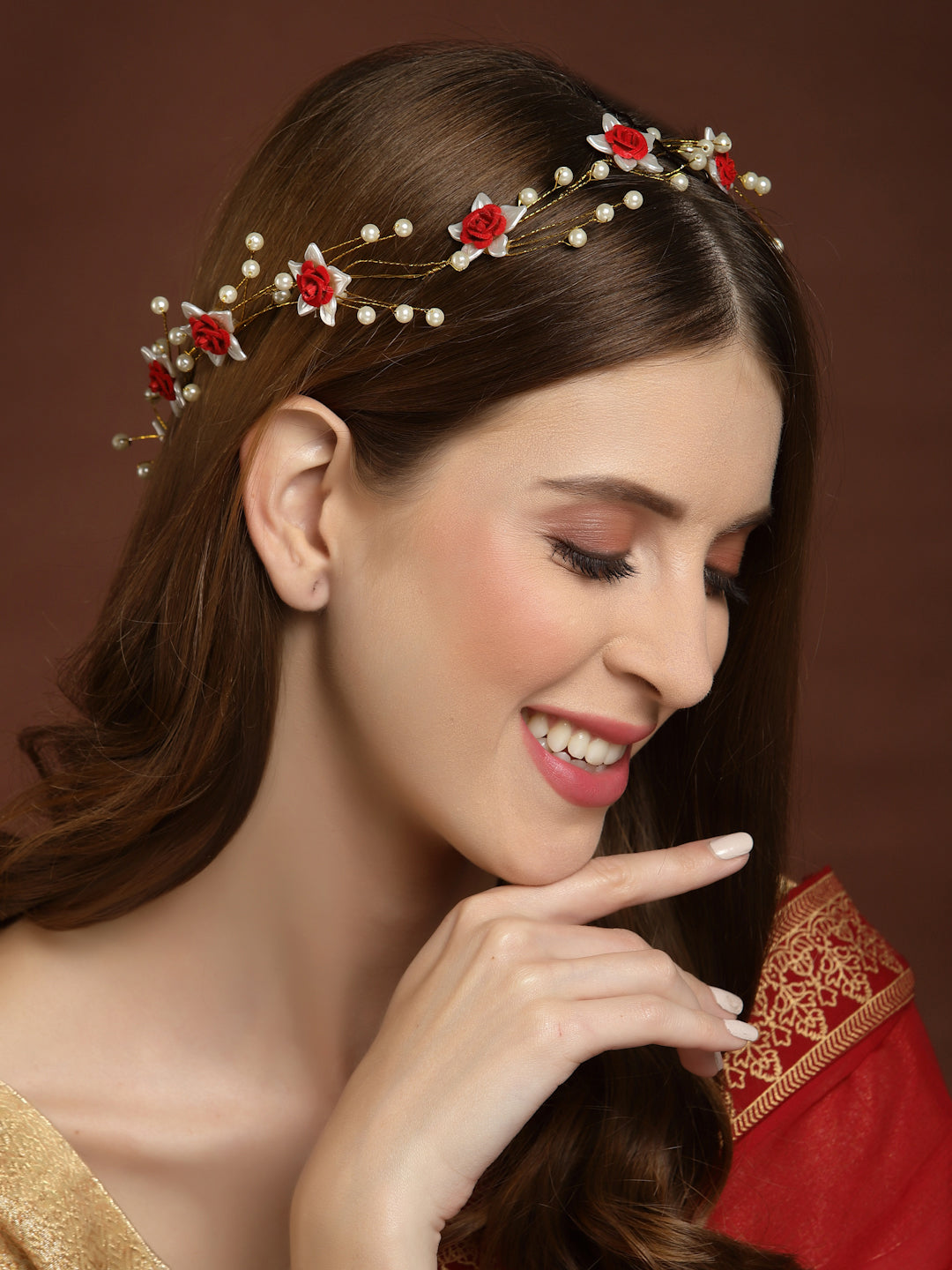 Panash Women Gold-Toned & Red Embellished Tiara - Distacart