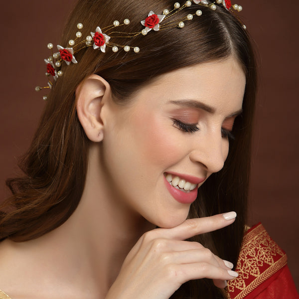 Panash Women Gold-Toned & Red Embellished Tiara - Distacart