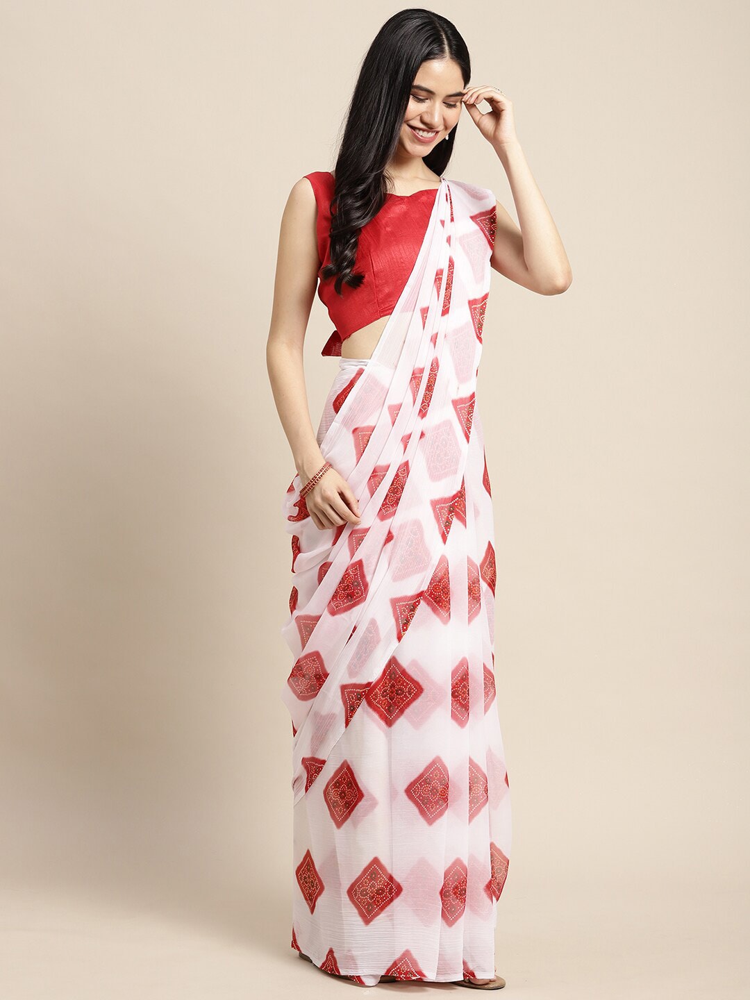 Saree Mall Women White & Red Printed Poly Chiffon Bandhani Saree With Matching Blouse - Distacart