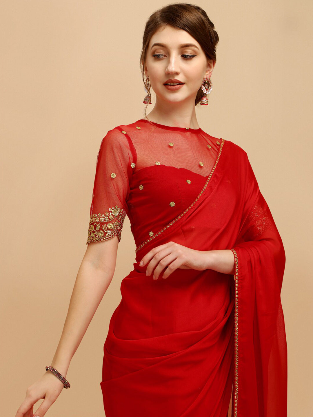 Sangria Red Silk Blend Embroidered Saree - Distacart