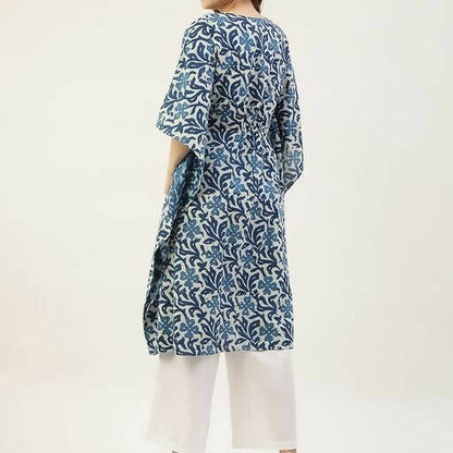 FIORRA Women's Printed Pure Cotton Kaftan Kurta - Blue - Distacart