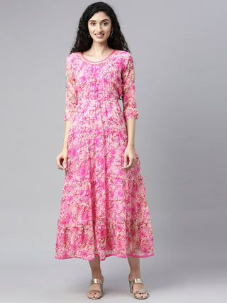 Souchii Beautiful Pink & peaches N Cream Floral Layered Chiffon Midi Dress - Distacart