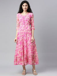 Thumbnail for Souchii Pink & peaches n cream Floral Layered Chiffon Midi Dress - Distacart